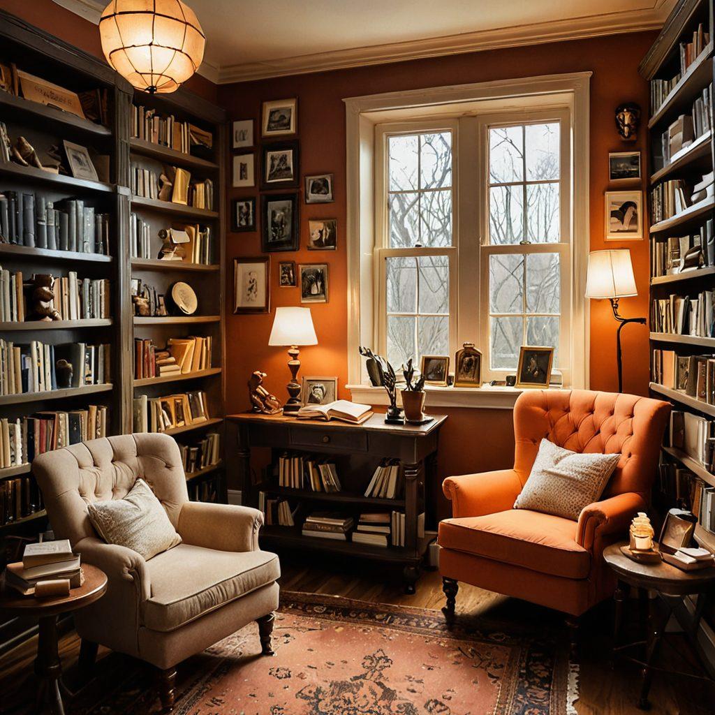 A whimsical library filled with vintage books and eclectic artifacts representing personal adult memories. The scene showcases a cozy reading nook with soft lighting, a comfy armchair, and a coffee table adorned with photos and keepsakes. In the background, artistic shelves filled with curated books and souvenirs invite exploration. The ambiance evokes warmth and nostalgia, encouraging the viewer to dive into their own stories. soft focus, warm colors, contemporary illustration.