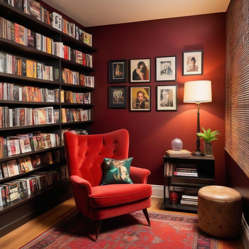 A stylish home library filled with vintage erotic magazines and modern adult films on shelves. Soft, ambient lighting creates an inviting atmosphere, with a plush armchair and a small side table holding a glass of wine. An artful arrangement of framed classic adult film posters adorns the walls. Include a small potted plant for a touch of greenery. vibrant colors. super-realistic.